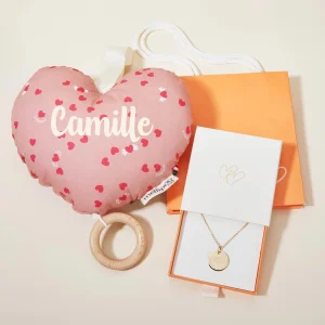 Coffret cadeau Coussin musical bébé coeur et collier personnalisé Mellipou x Merci Maman